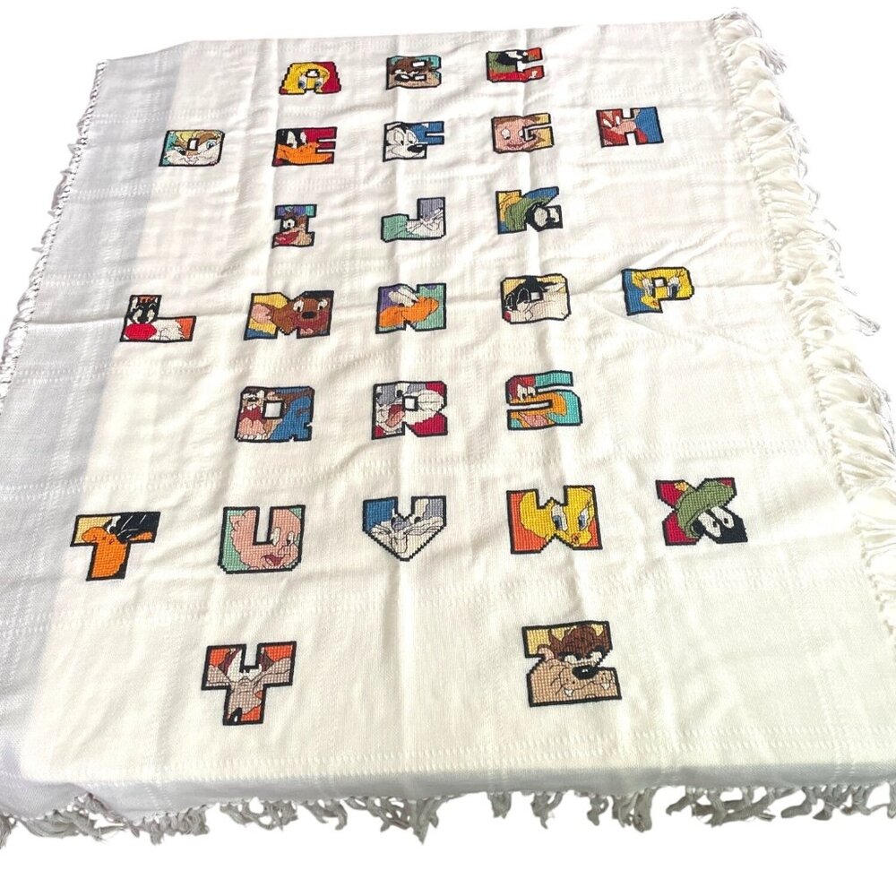 Vintage 1998 Looney Tunes Alphabets in Cross Stitch Finished Baby Blanket Throw